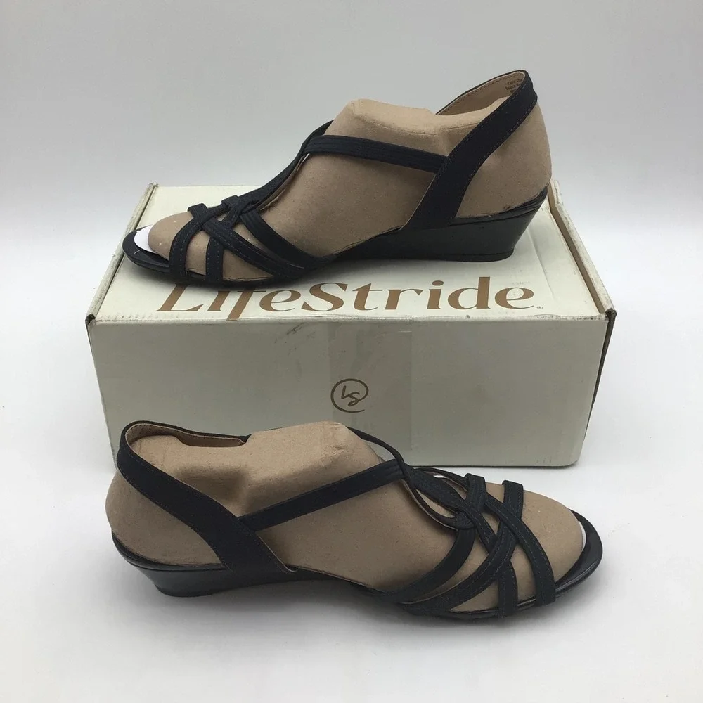 LifeStride Yaya Womens Navy Blue Strappy Wedge Sandals Wide Width Size 9.5W NEW